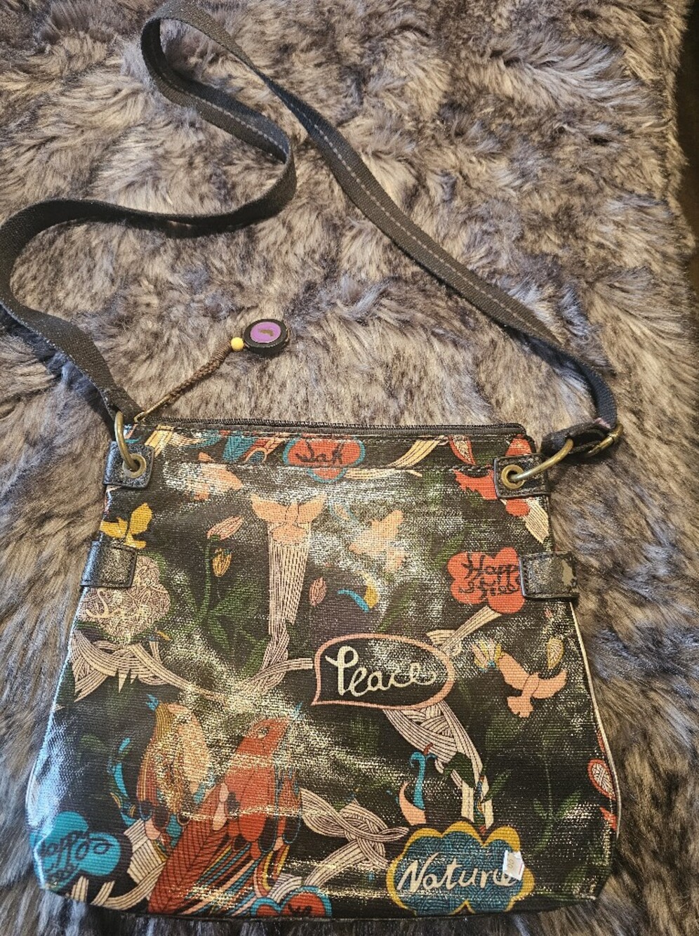 Sakroots Black Multicolor Bird Print Crossbody Bag - Picture 2 of 5